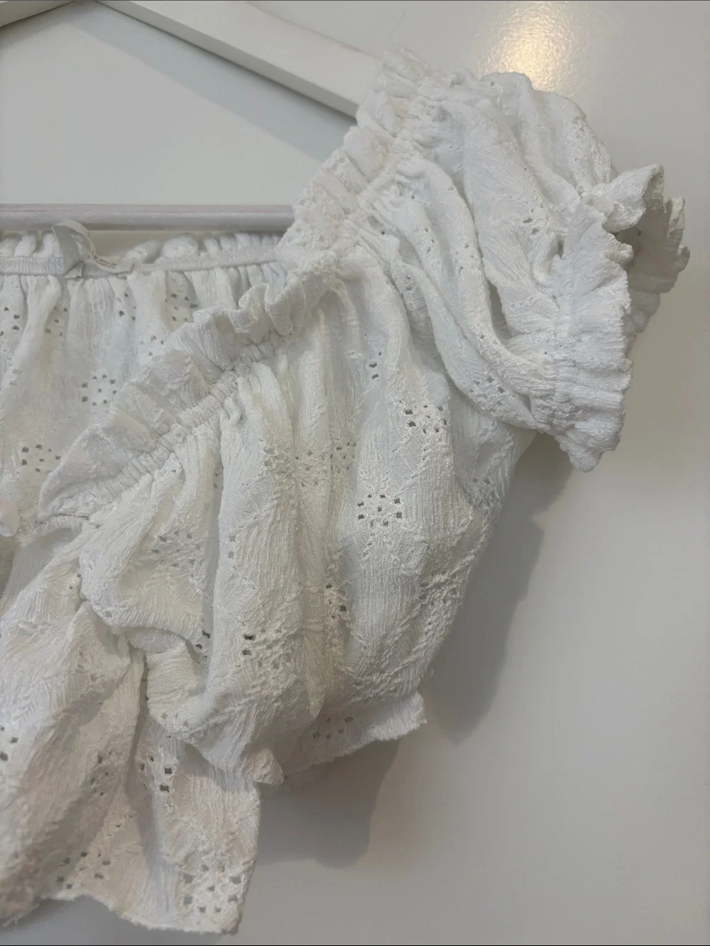 Zara White Eyelet Off-Shoulder Tie-Front Crop Top